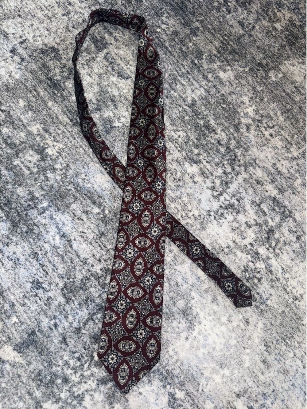 J.G. Hook Mens Silk Tie Burgundy Navy Gray Paisley Geometric Necktie 3.5”